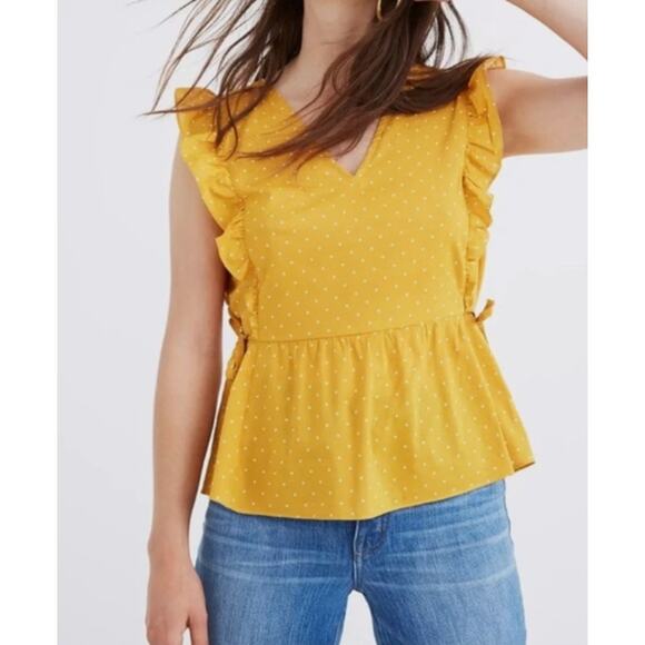 Womens MADEWELL Yellow Gold White Polka Dot Ruffle Cap Sleeve Tie Peplum Top L - Picture 1 of 7